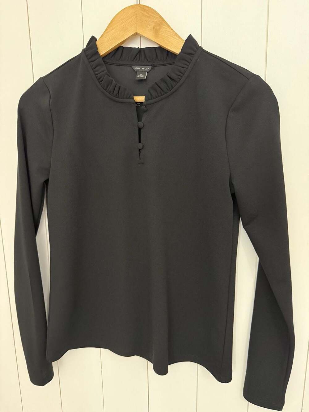 Ann Taylor Ruffle Neck Top Size XS Black Long Sleeve Blouse